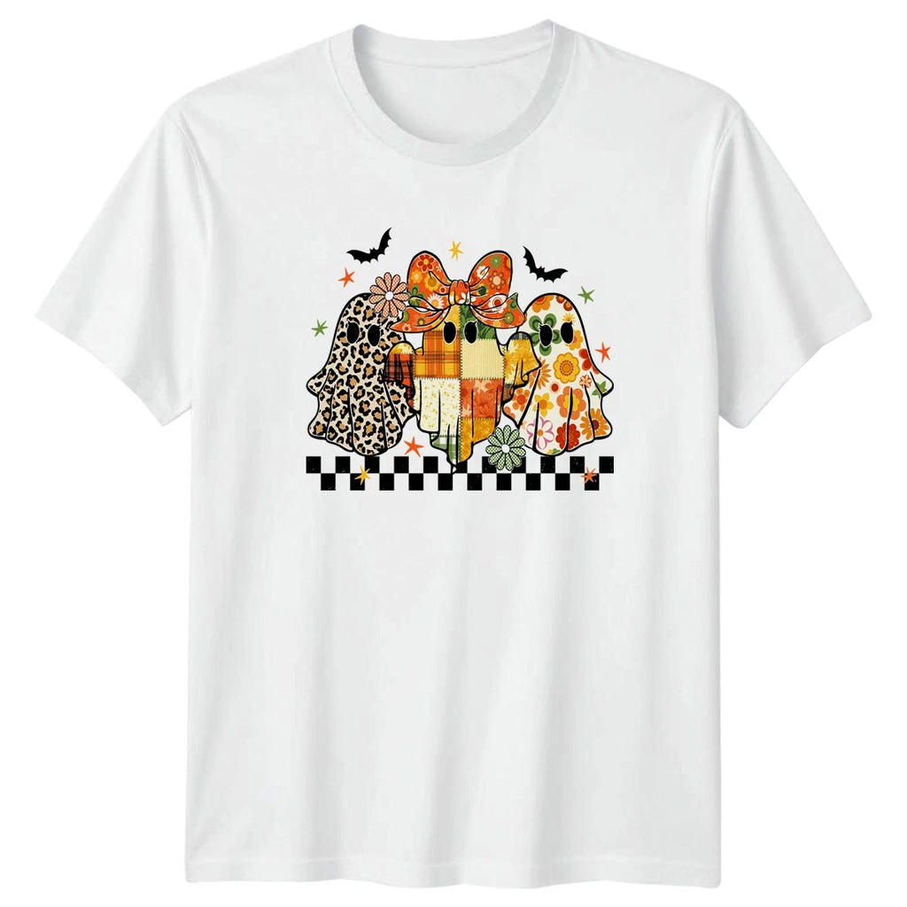 Floral Leopard Retro Halloween Ghosts Womens T-Shirt Retro Boho Ghost Halloween