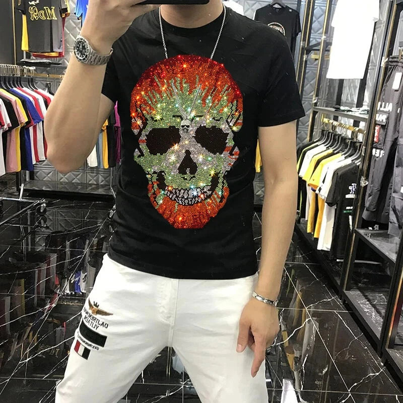 New Men Luxury Rhinestones Gothic Fashion Skull Black White T-Shirt High Quality
