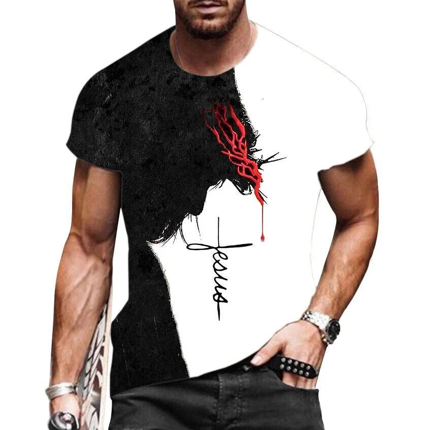 T-Shirt Men Short Sleeve Jesus Cross Christian Black White Graphic T Shirt Silky
