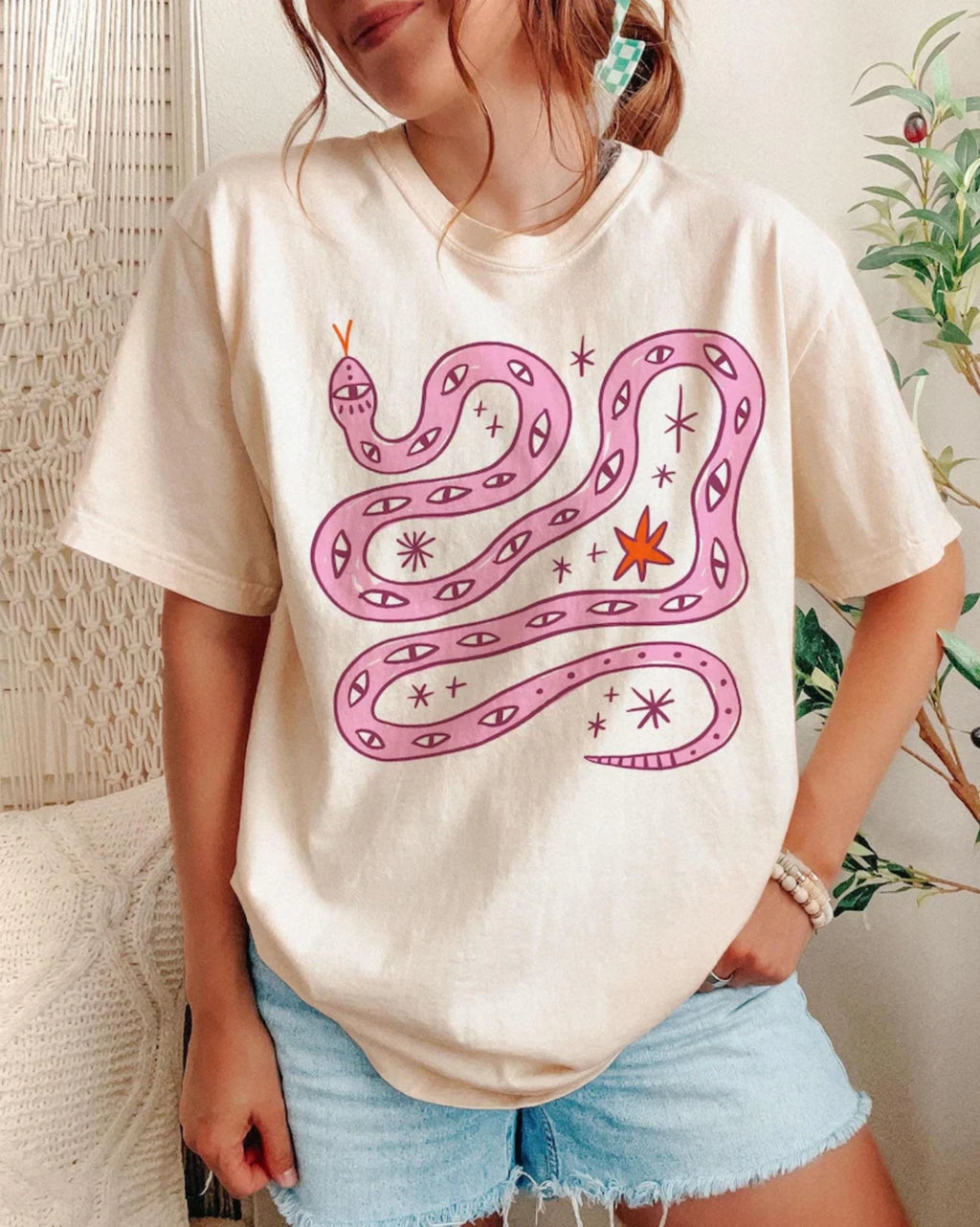 Cute Pink Snake Cartoon Aesthetic Minimal Art Graphic T shirt