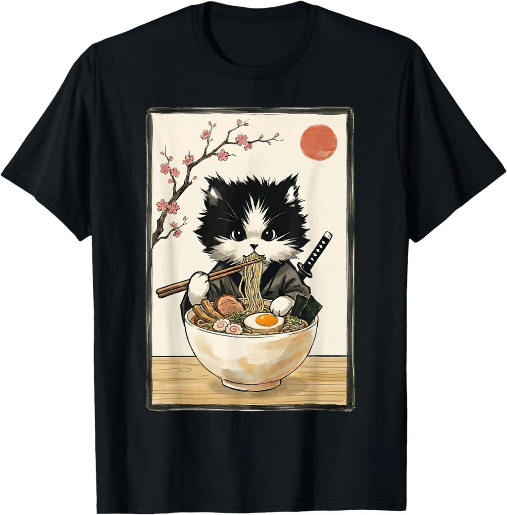 Samurai Cat Japanese Art Ramen Novelty Kawaii Funny Cat T-Shirt