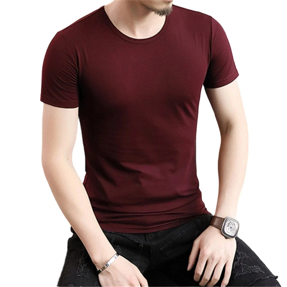 Men Slim T-shirt Short Sleeve Regular Length Solid Color Stretch Fabric