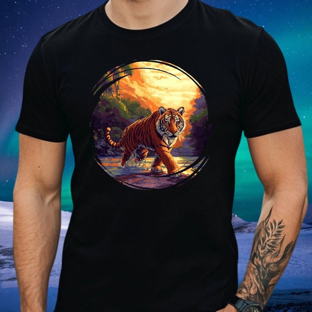 Mens Tiger Pixel Art Motif Cotton T-Shirt Size S to 5XL