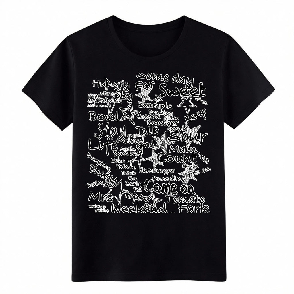 Hand Drawn Word Collage T-Shirt Casual Life Quote Graphic Tee for Everyday Wear