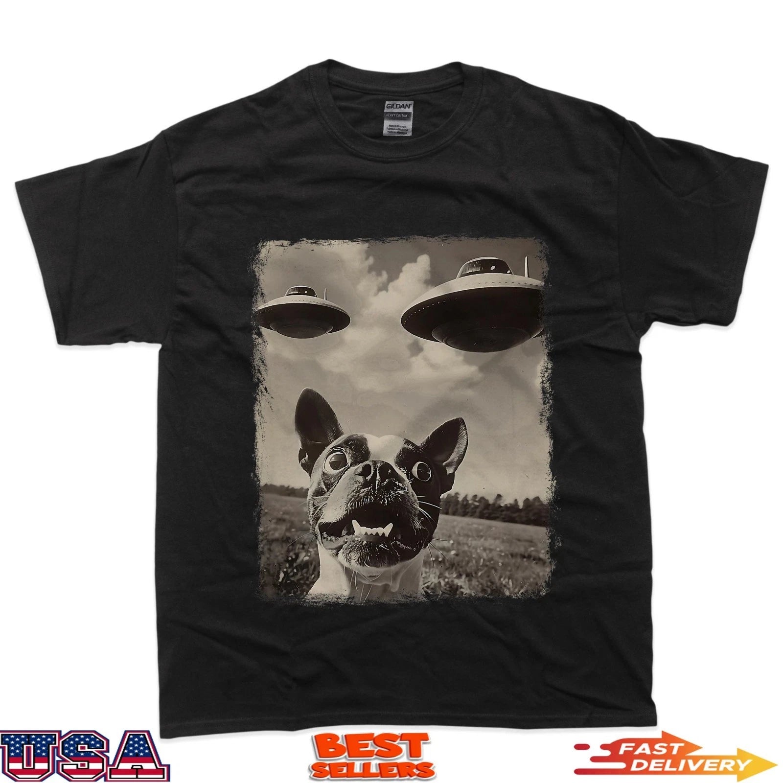 Boston Terrier Dog UFO Alien Extraterrestrial Selfie T-Shirt