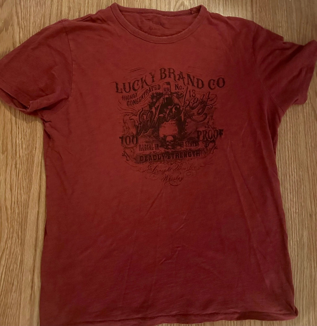 Lucky Brand WHISKEY Shirt Mens MEDIUM Red Distressed Dive Bar Retro Biker Punk