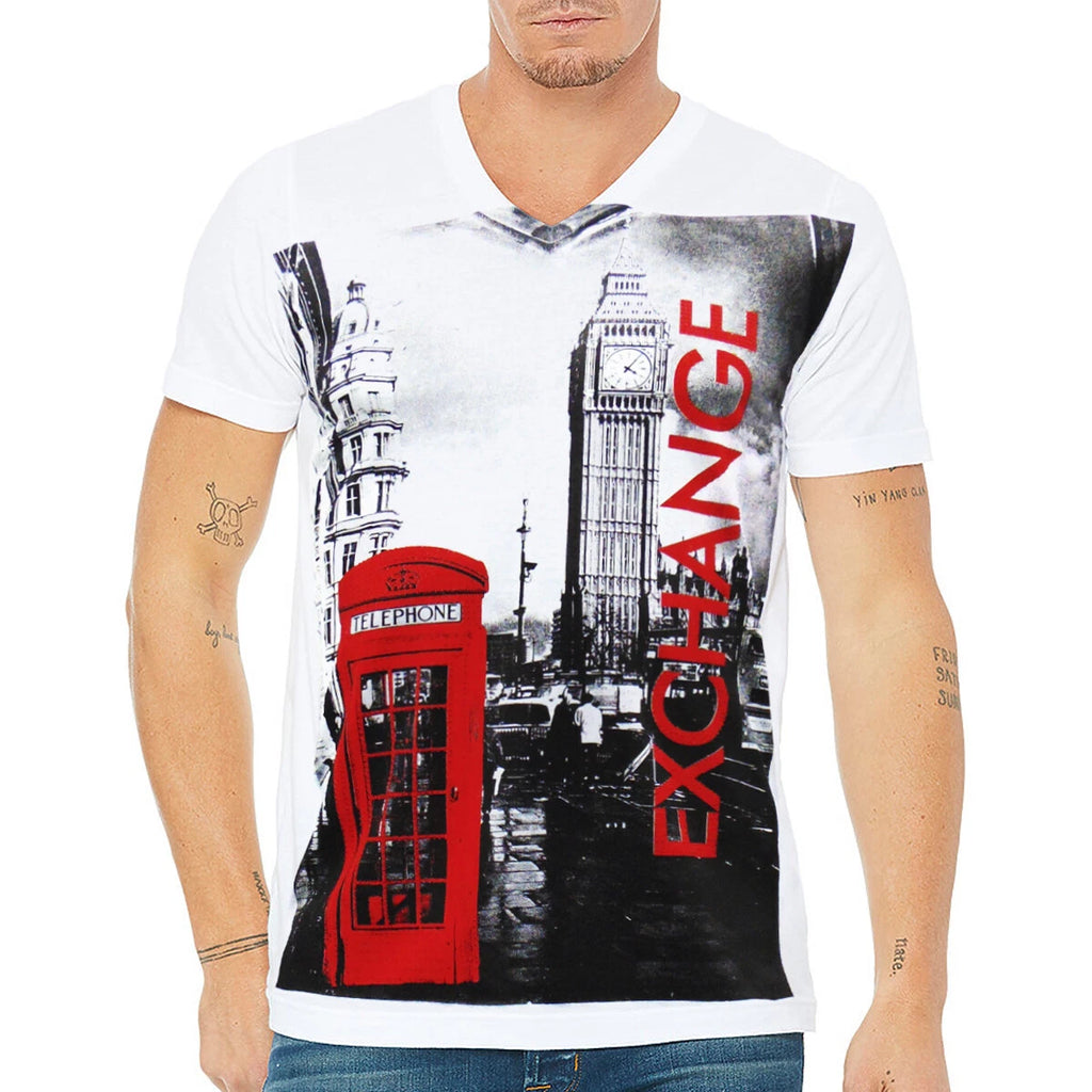 NWT LONDON ENGLAND BIG BEN RED TELEPHONE RHINESTONES DETAIL MEN'S V-NECK T-SHIRT