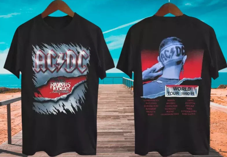 1990 AC/DC THE RAZORS EDGE TOUR Cotton Black All Size 2 Sided Shirt