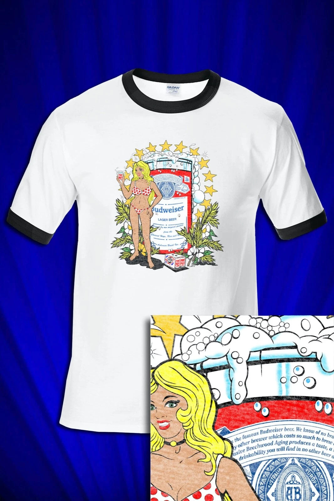 Hippy Beer Girl 2 1970s Vintage RINGER Tee T-SHIRT  Hippy Art Coors