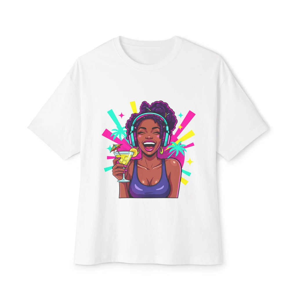 Smiling Woman with Drink Tee | Colorful Pop Art Illustration