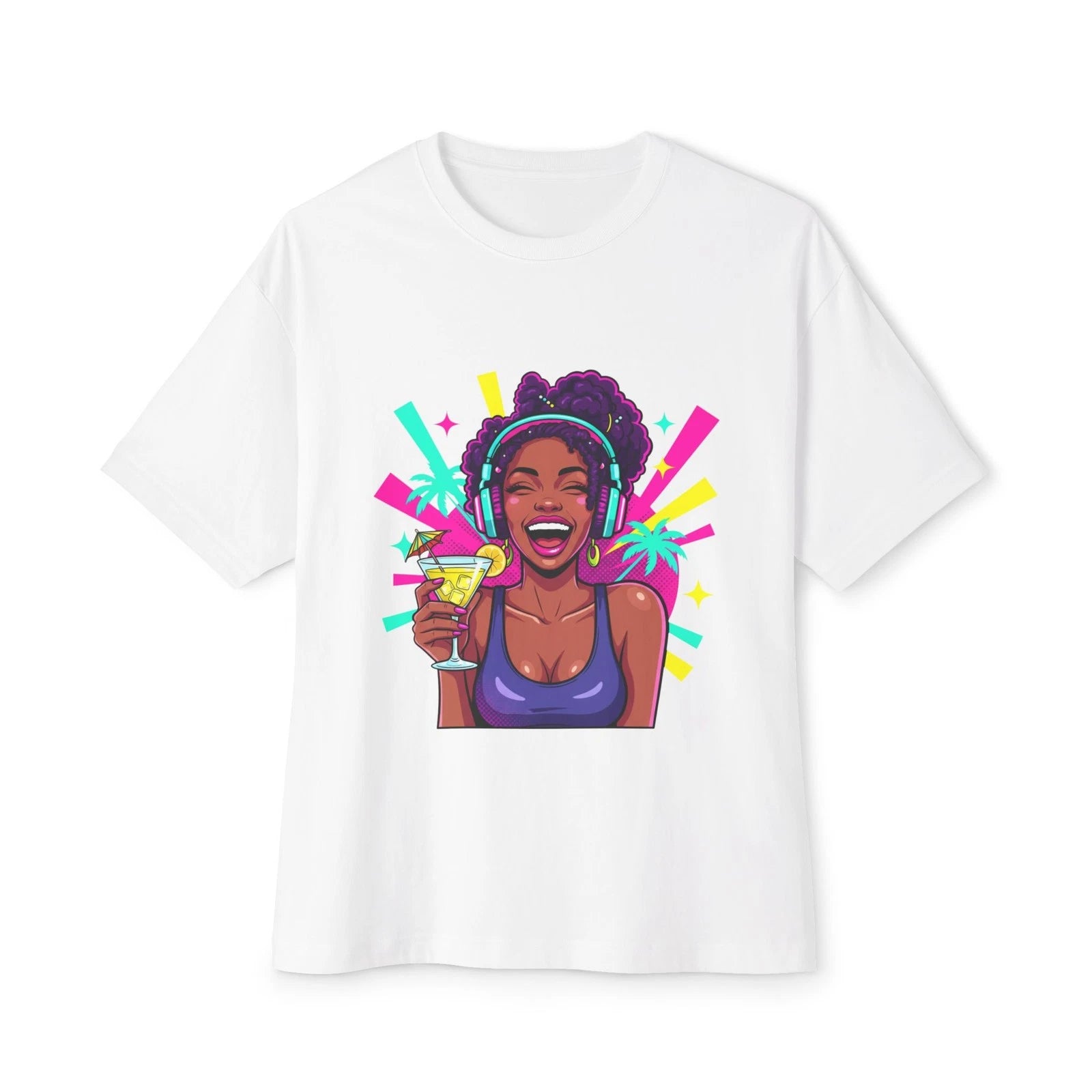 Smiling Woman with Drink Tee | Colorful Pop Art Illustration