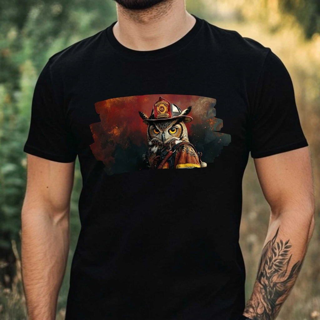 Mens Owl as Firefighter Motif Cotton T-Shirt Size XS to 5XL