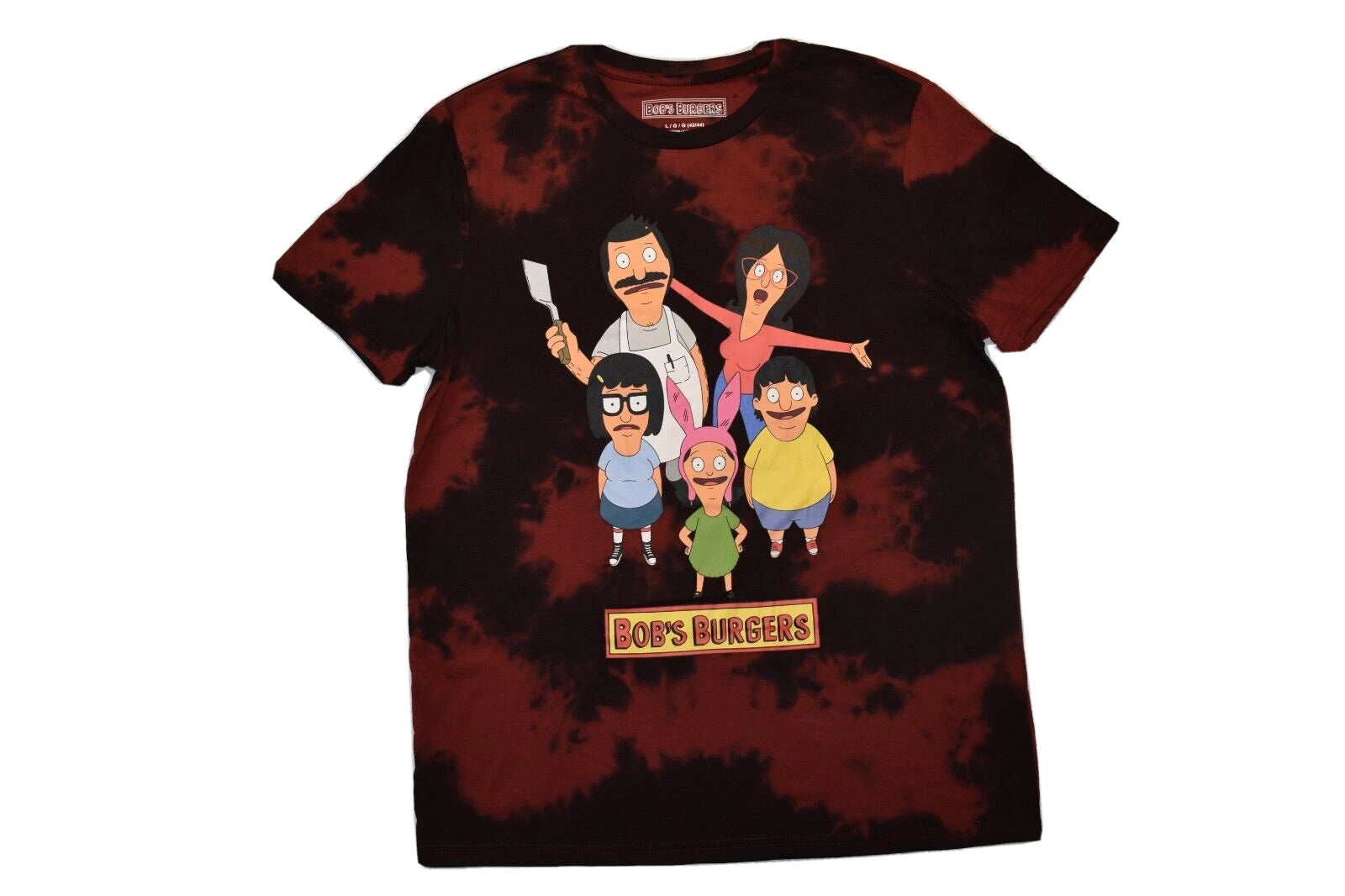 Bob's Burgers Mens Bobs Burgers Cartoon Black Red Tie Dye Shirt NWT L