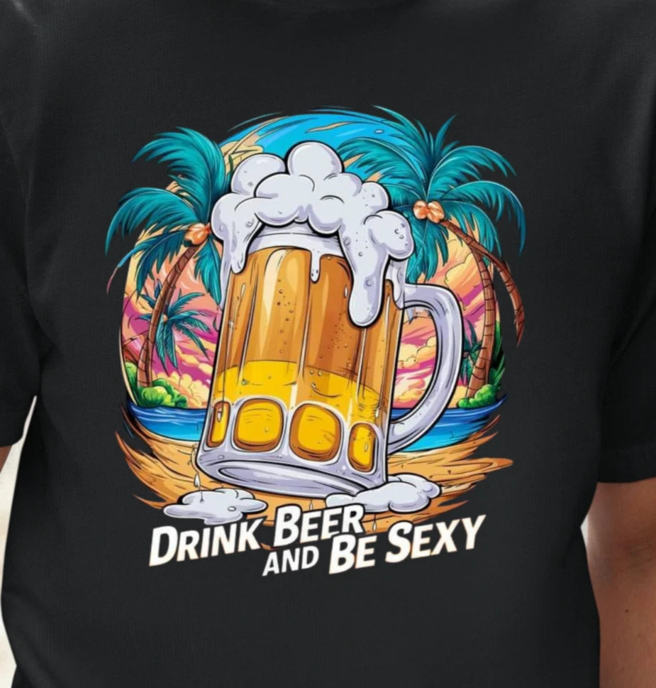 Drink Beer and Be Sexy T-Shirt, Tropical Beer Mug Shirt, Palms Ocean Sunset Tee