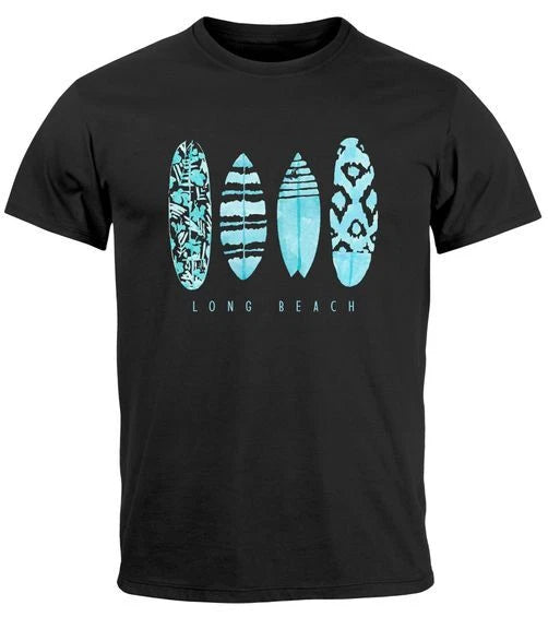 Mens T-Shirt Surfing Fashion Print Long Beach Surfboard Summer Beach