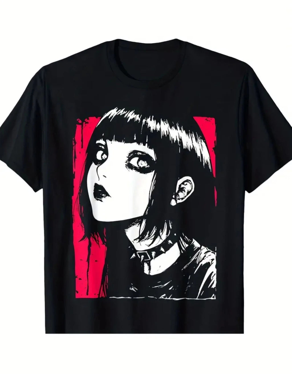Goth Anime Girl Graphic T-Shirt Emo Alt Punk Black Men's XL Crew Neck Polyester