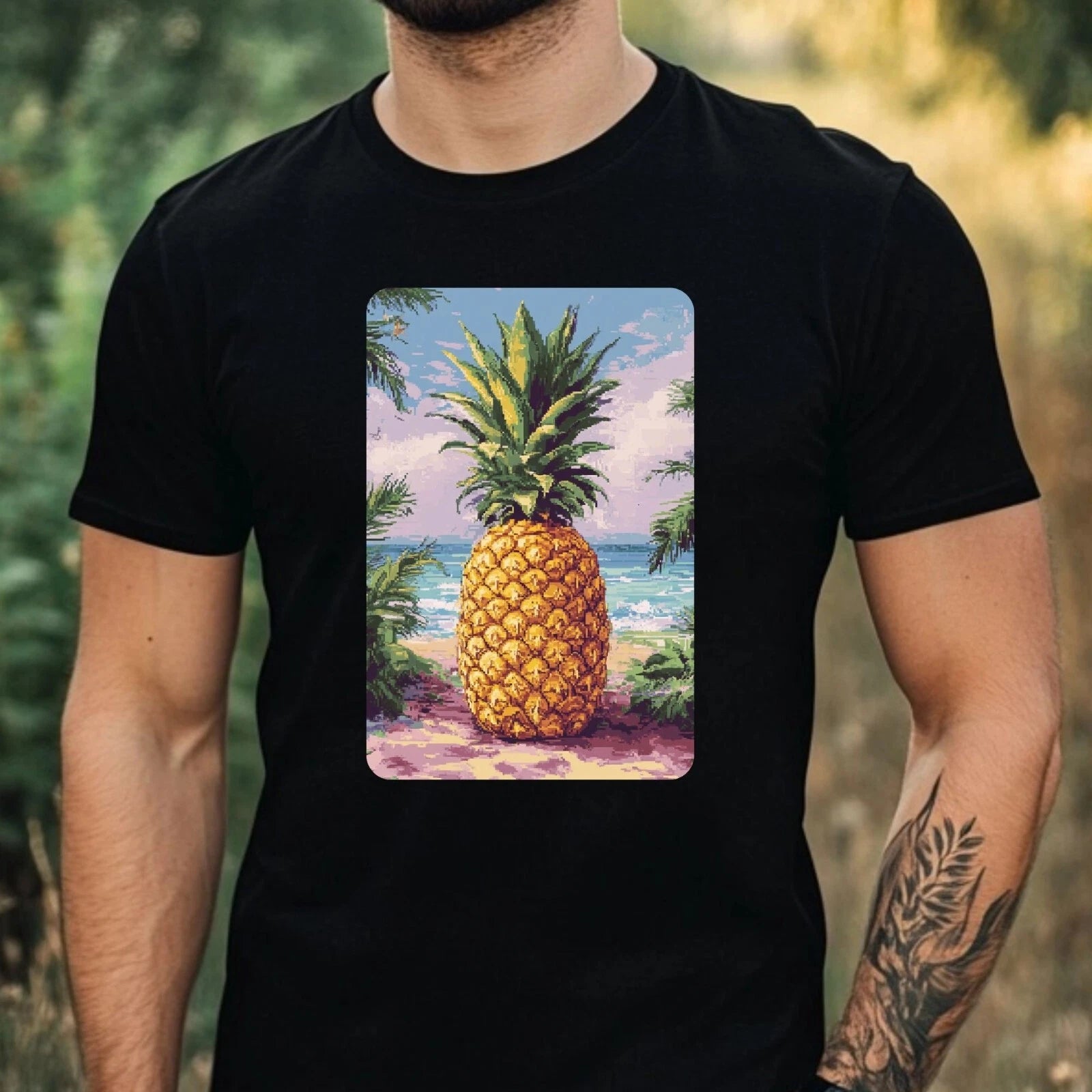 Mens Pineapple Pixel Art Motif Cotton T-Shirt Size XS to 5XL