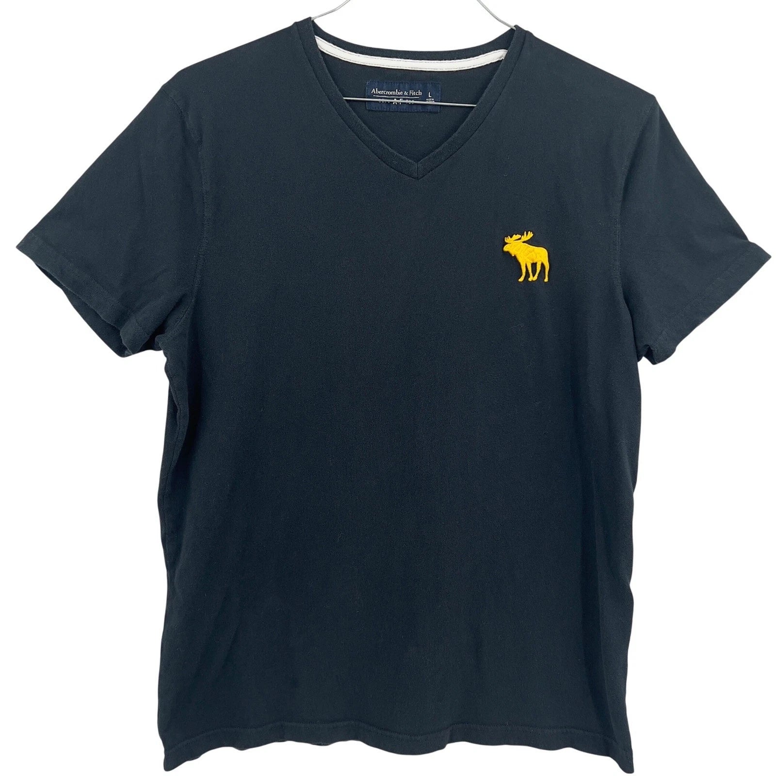 Abercrombie & Fitch Mens Black V-Neck Soft AF Tee Tshirt Yellow Moose Logo L