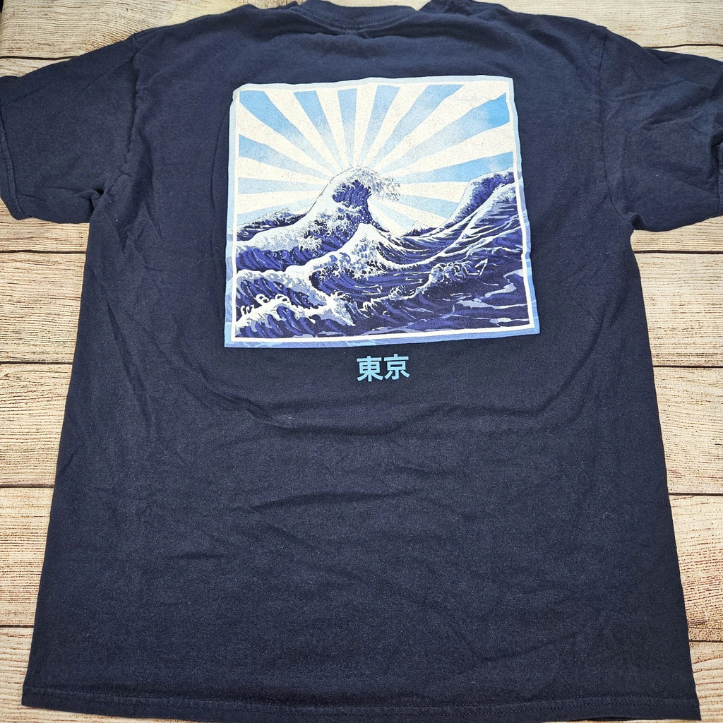 Blue Crown Shirt Men Large Blue Japanese Art Wave Graphic Tee Short Sleeve Adult
