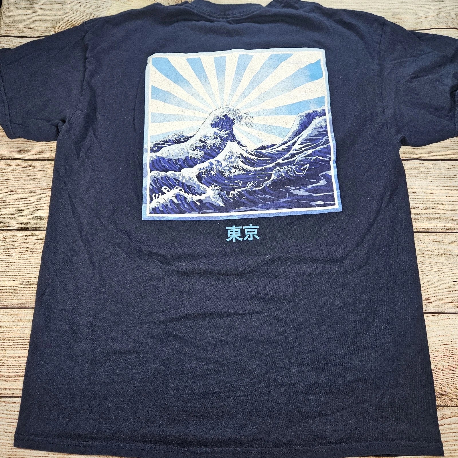 Blue Crown Shirt Men Large Blue Japanese Art Wave Graphic Tee Short Sleeve Adult