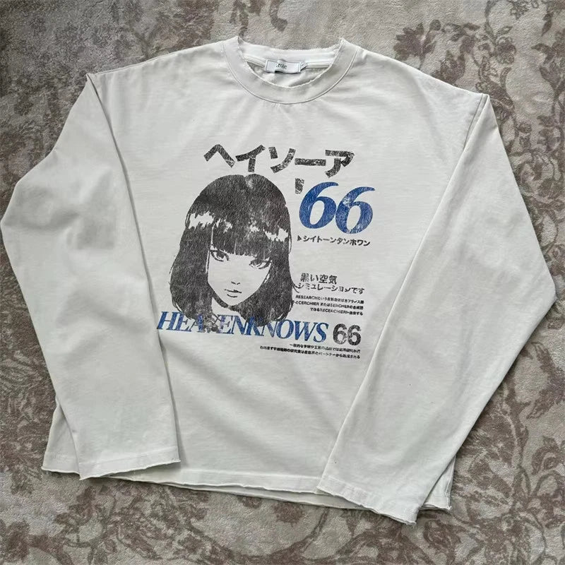Mens Y2K Anime Graphic Long Sleeve Shirt Streetwear Japanese Tee M-2XL