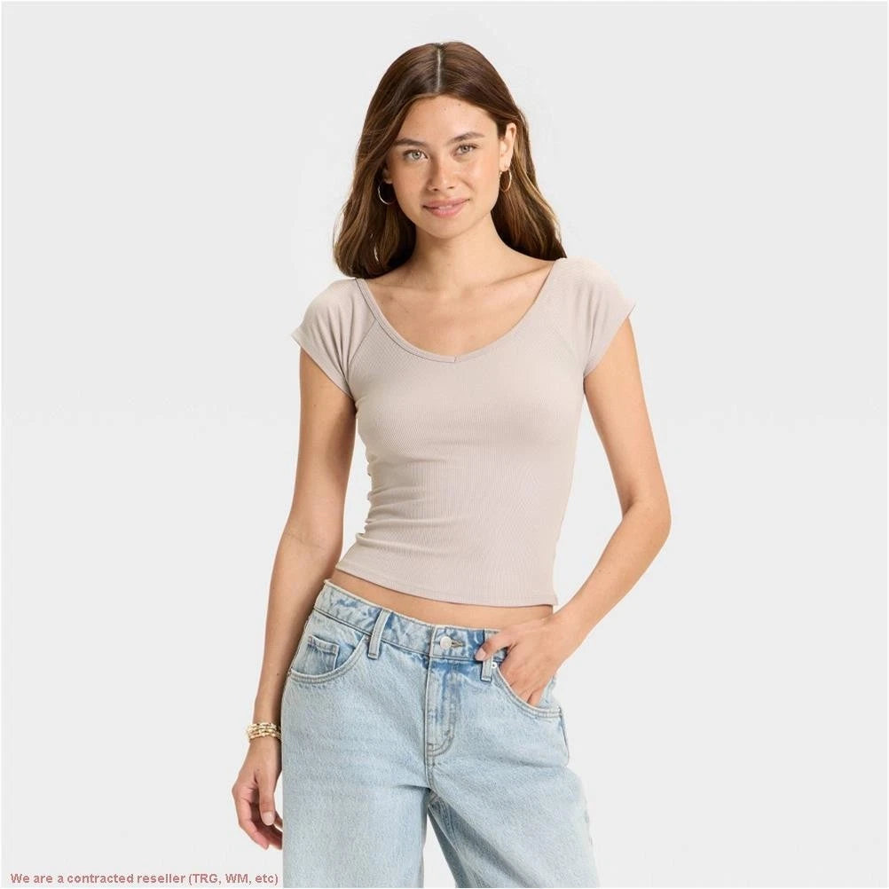 Women's Short Sleeve Double V-Neck Ribbed T-Shirt XS *SEE DEAL!!!*