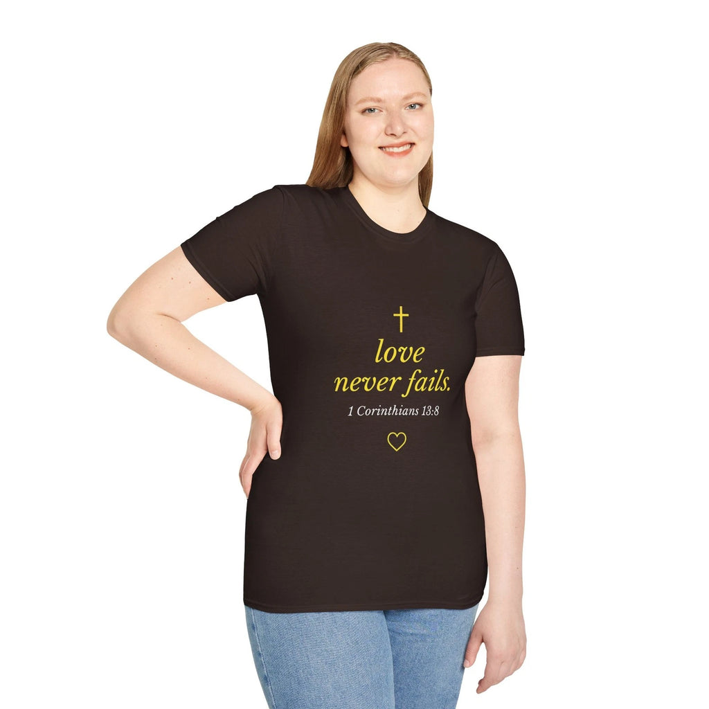Love Never Fails T-Shirt | Christian Cross Typography Minimalist Faith Tee