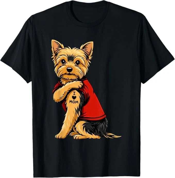 Yorkie Featuring Tattooed Yorkshire Terrier I Love Mom T-Shirt
