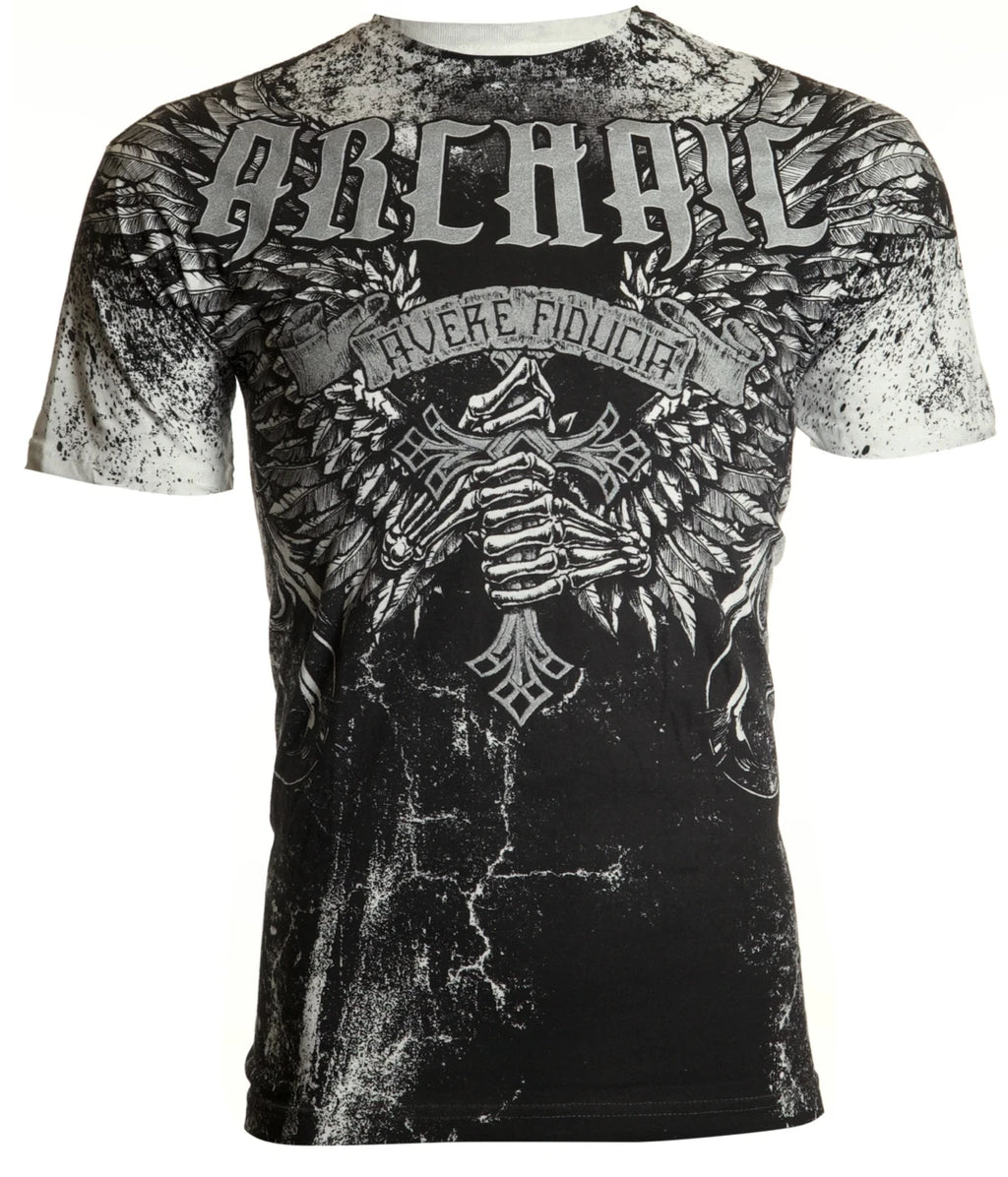 Archaic By Affliction Men's T-Shirt HOLYMAN Black Cross Skull Biker M-3XL