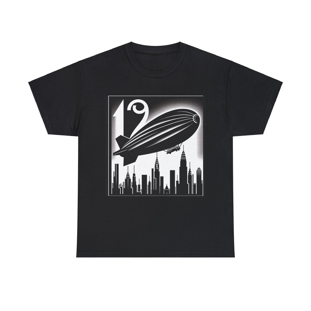 Unisex Adult T Shirt Art Deco Zeppelin Over Skyline Monochrome Minimalist Tee