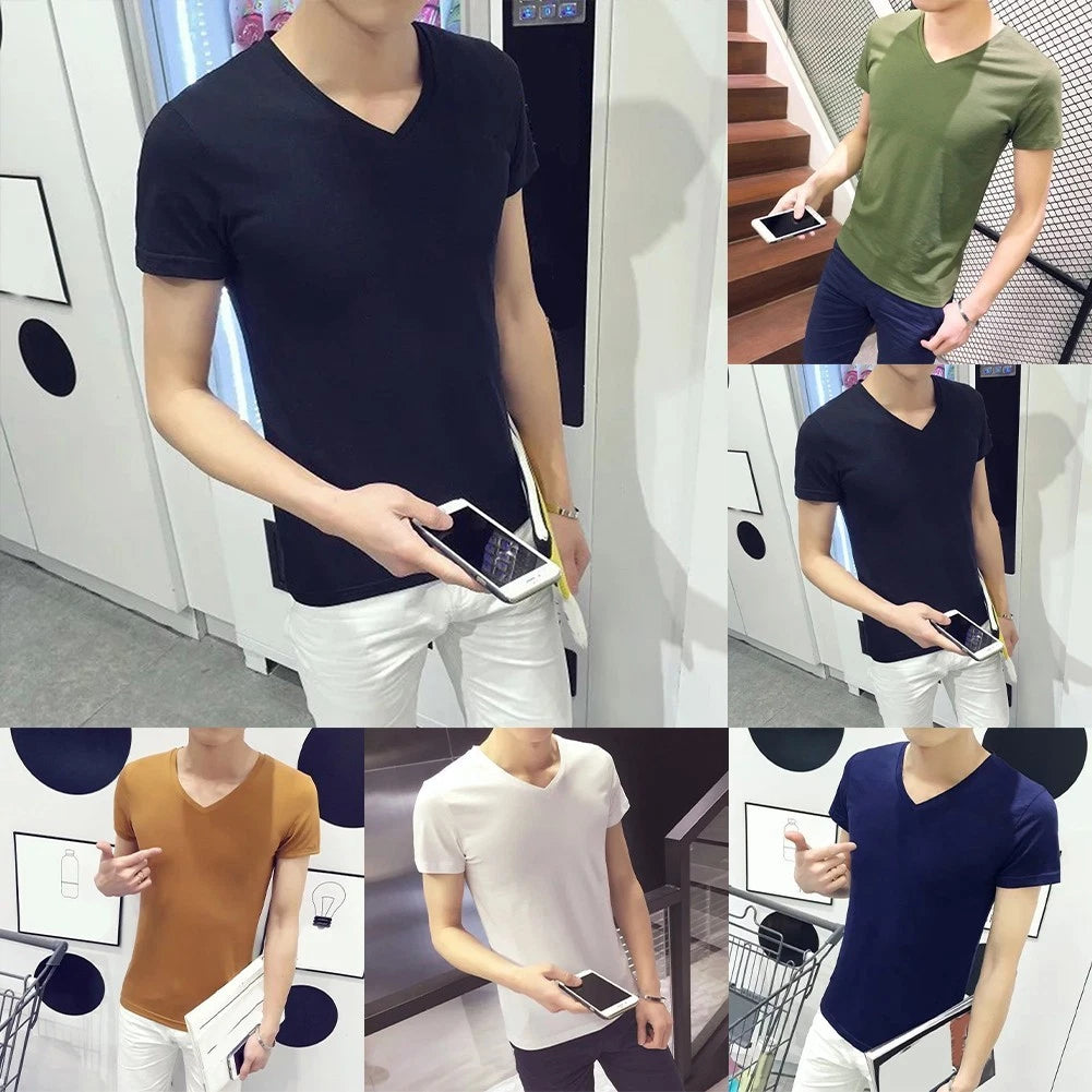 Mens V Neck Tee Daily Wear Party Wear Short Sleeve Solid Color Stretch Fabric