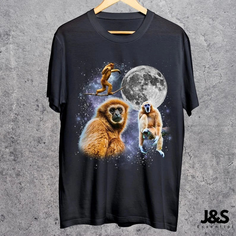 Three Gibbon Retro Graphic T-shirts, Vintage Gibbon Moon Tshirt, Gibbon Lovers