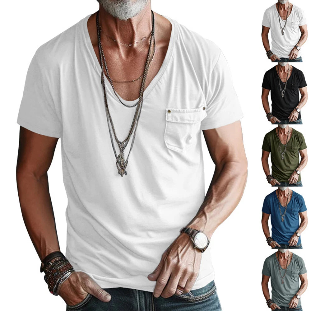 Mens Summer Casual Shirts Deep V-Neck Short Sleeve Solid T-Shirt Tee Blouse Tops