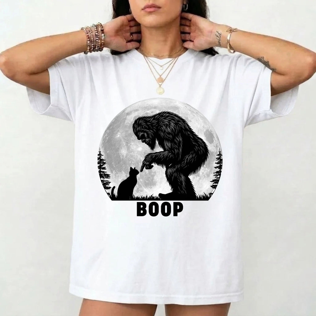 Bigfoot Boop Cat T-Shirt - Funny Sasquatch Kitten Believe Moon Forest Unisex Tee
