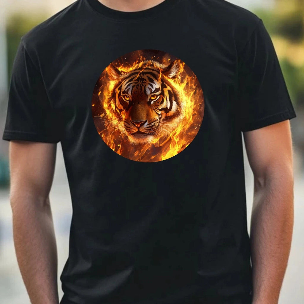 Mens Bengal Tiger on Fire Motif Cotton T-Shirt Size XS to 5XL