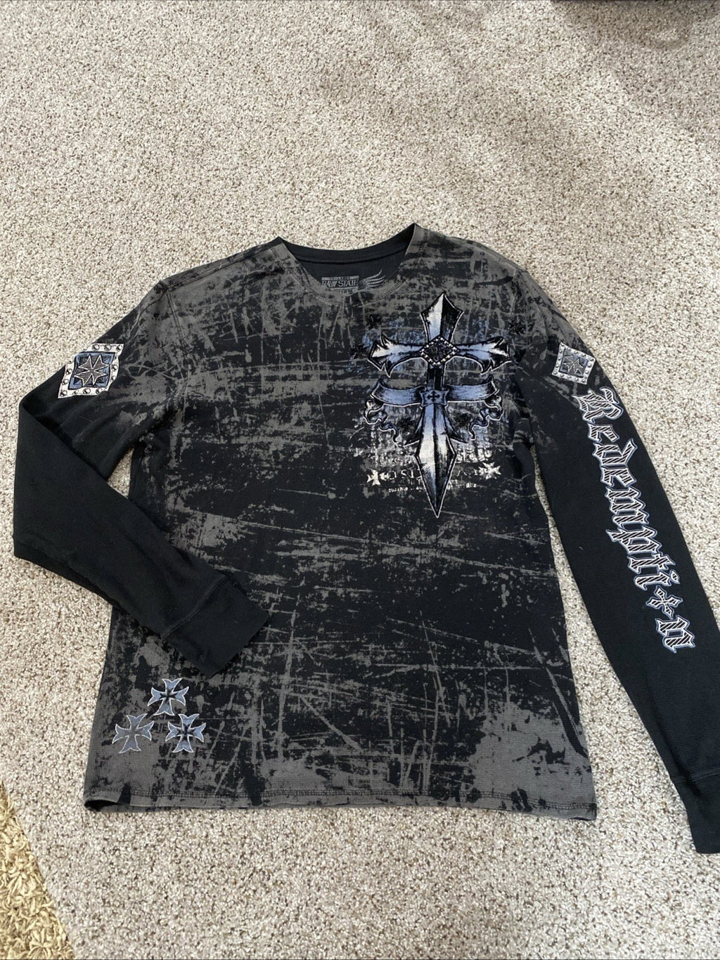 Raw State Redemption Shirt Thermal Y2K Affliction Velvet Goth Biker Wings Sz XXL