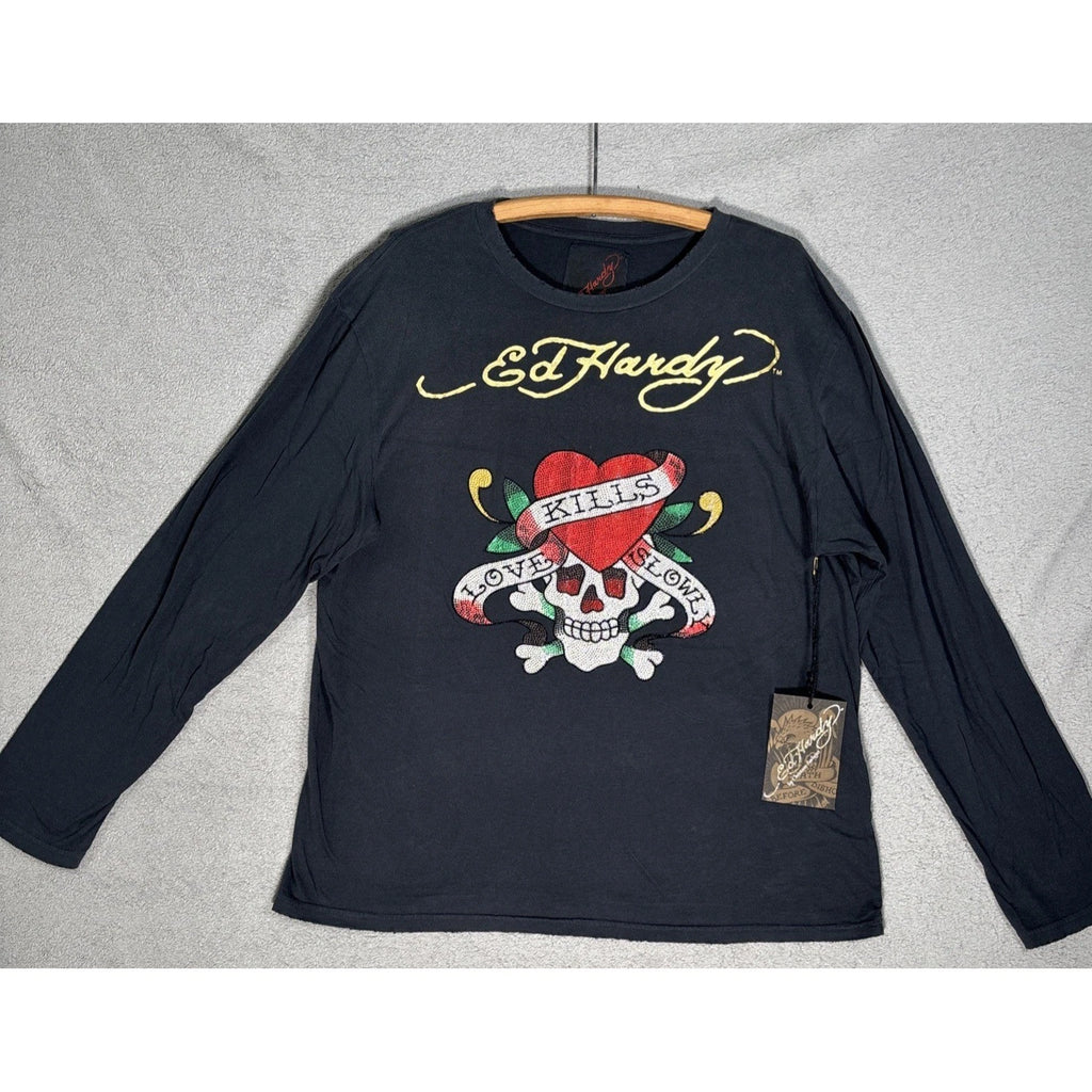 Ed Hardy Love Kills Slowly Long Sleeve Shirt Black Rhinestone Skull XL NWT