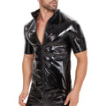 Mens Slim Shiny PVC Leather Shirts Short Sleeve Zipper T-Shirts Latex Club Tops