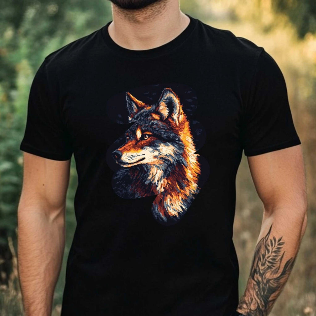 Mens Wolf Pixel Art Motif Cotton T-Shirt Size XS to 5XL