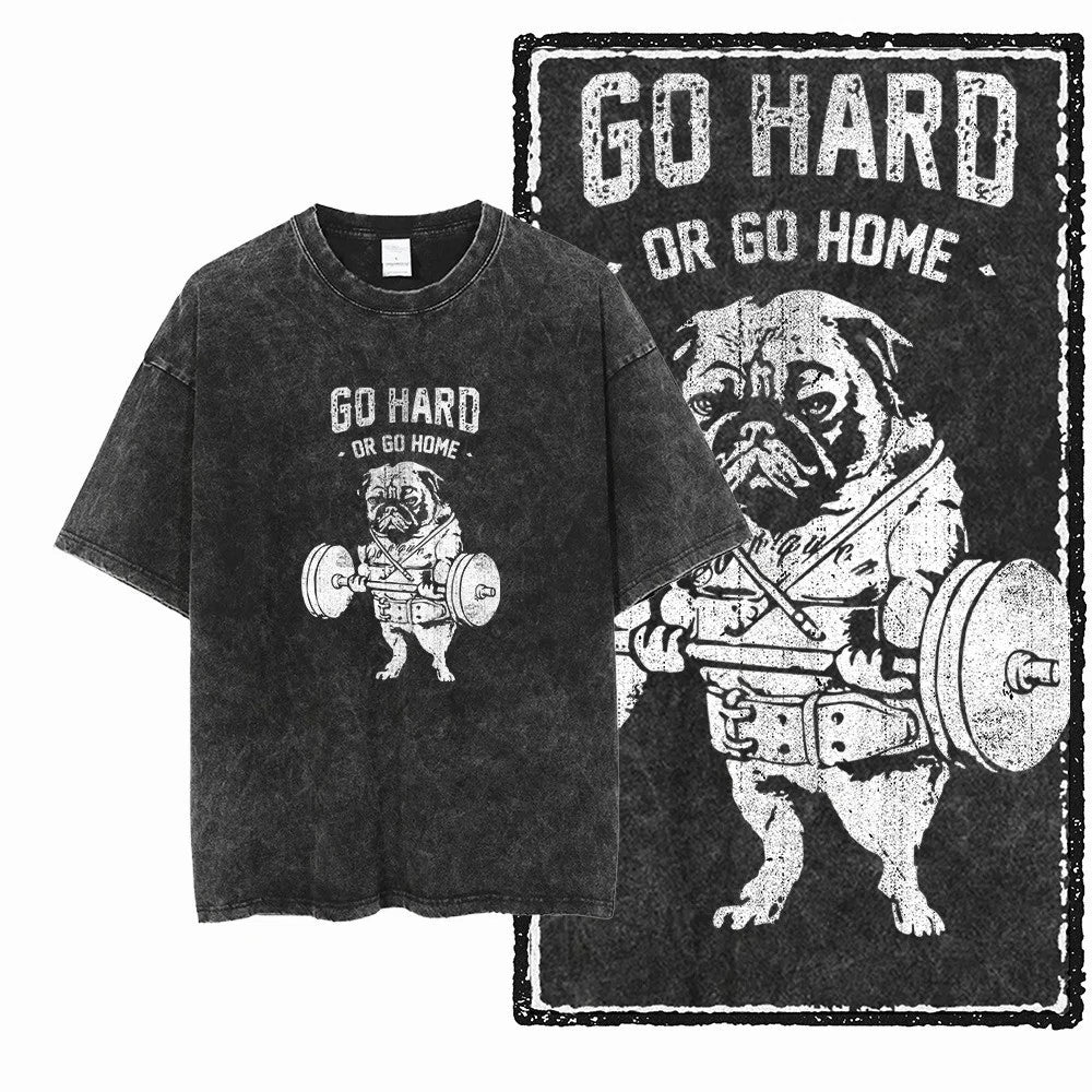 Pug Dog Gym Oversized T Shirt - Vintage Acid Washed Out Style Gym Bodybuilding