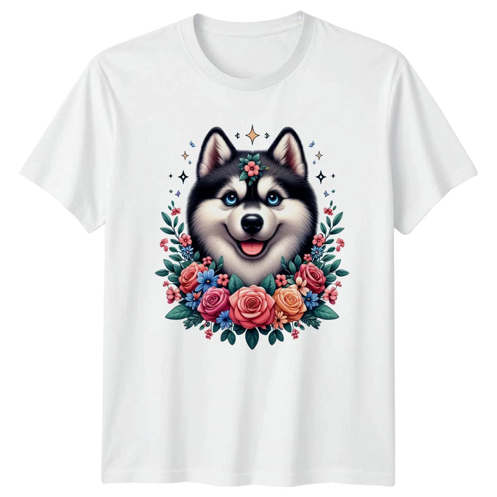 Cute Floral Siberian Husky Dog Womens T-Shirt Husky Dog Mothers Day Gift For Her