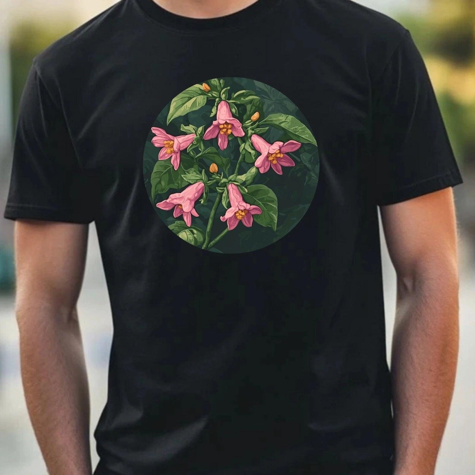 Mens Nightshade Flower Motif Cotton T-Shirt Size XS to 5XL
