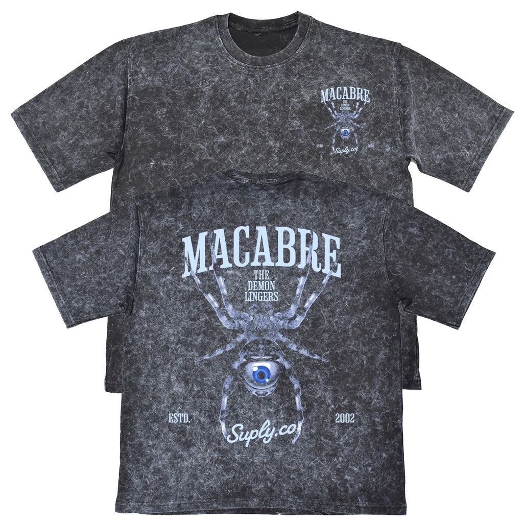 Macabre The Demon Lingers Mens Carbon Grey 240gsm French Terry Acid Wash T-Shirt