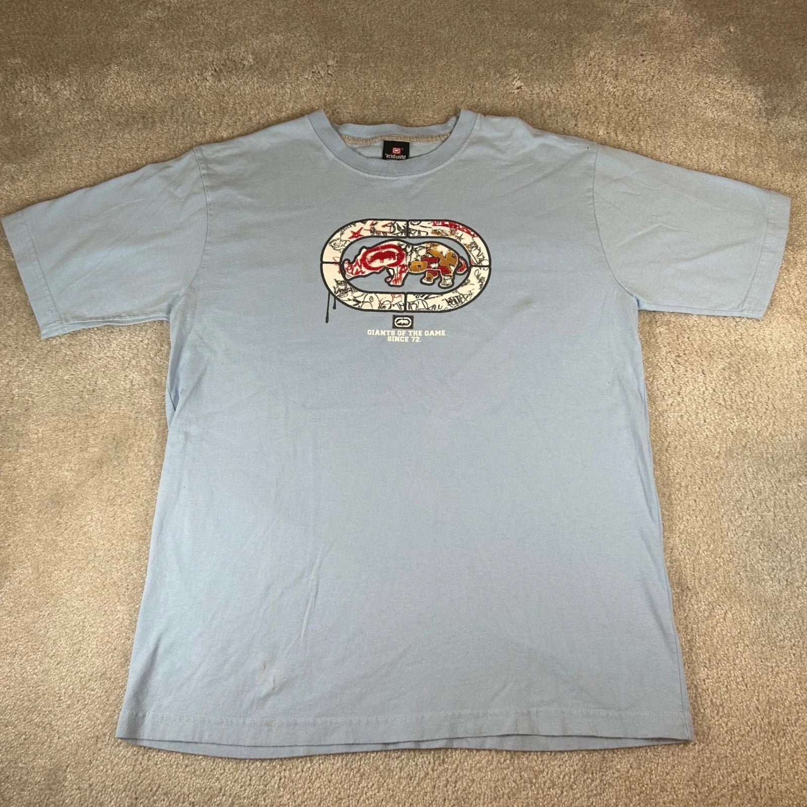 Ecko Unltd Graphic T-Shirt Mens XL Light Blue Giants of the Game Rhino Logo Tee
