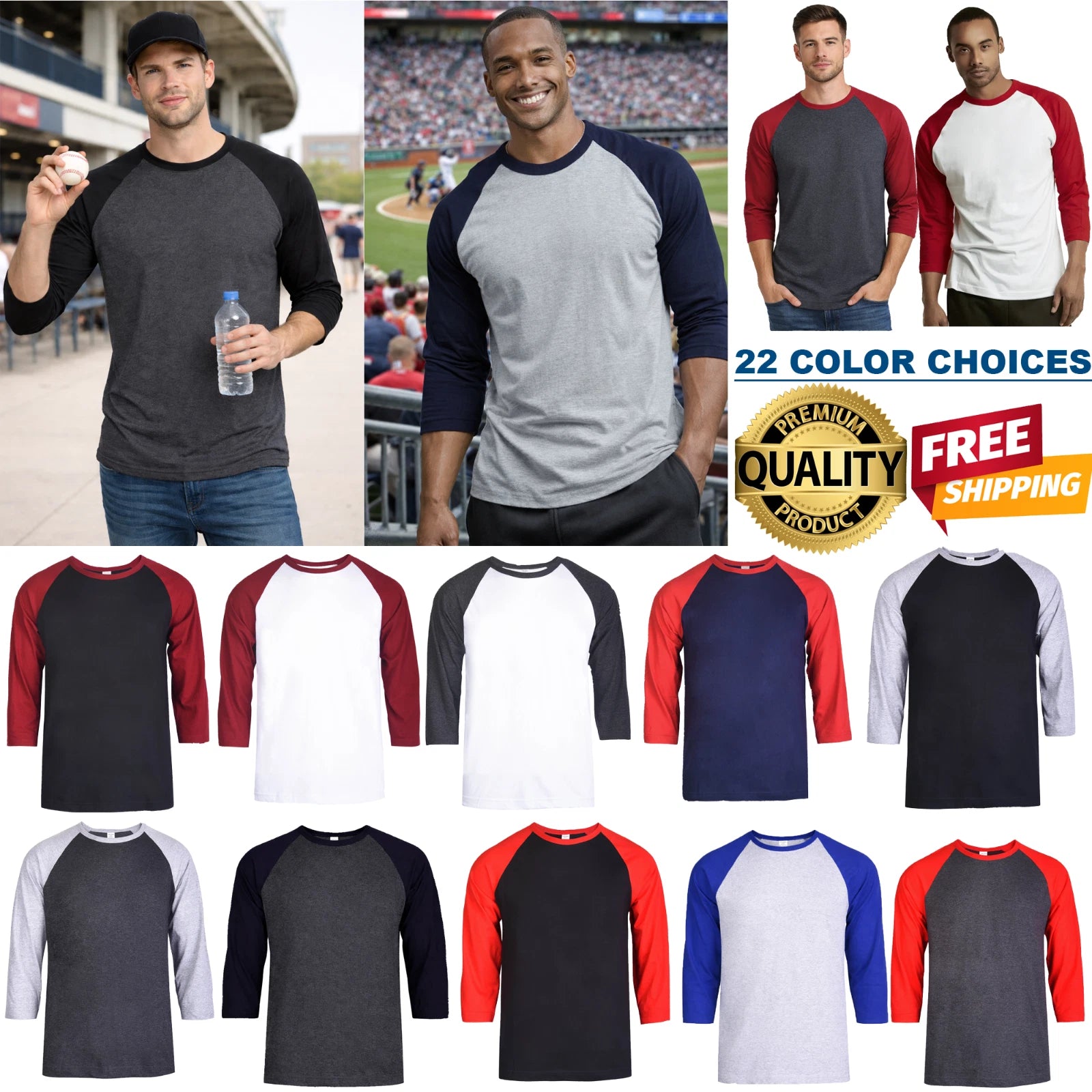 Premium Cotton T-Shirt Baseball Raglan Team Sport Jersey Tee 3/4 Sleeve Men's