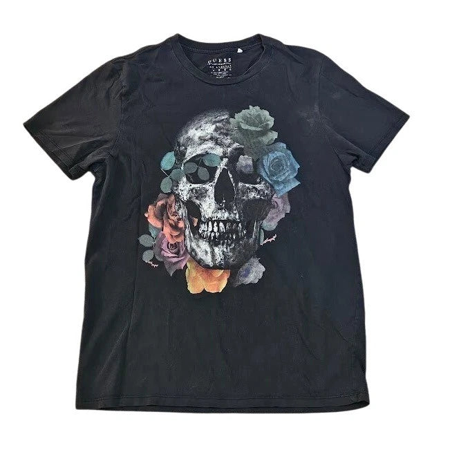 Guess T-Shirt Men Large Black Skull Floral Graphic Goth Short Sleeve - Small Fit
