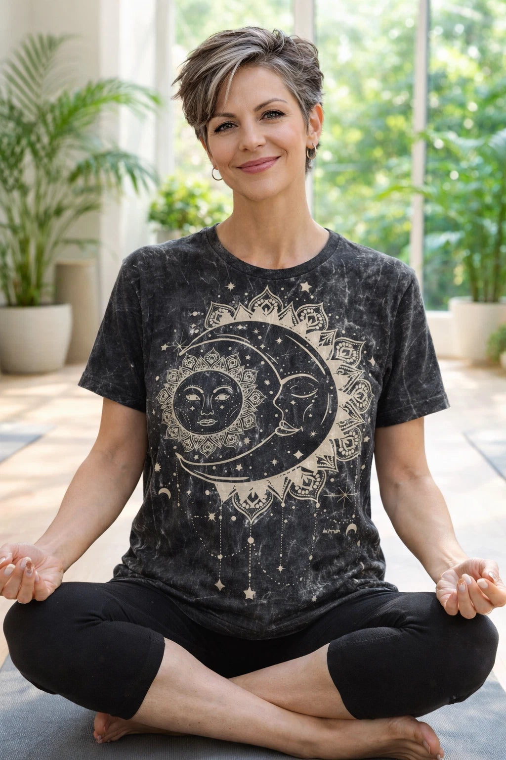 Sun & Moon Celestial Acid Wash T-Shirt | Boho Astrology Festival Tee