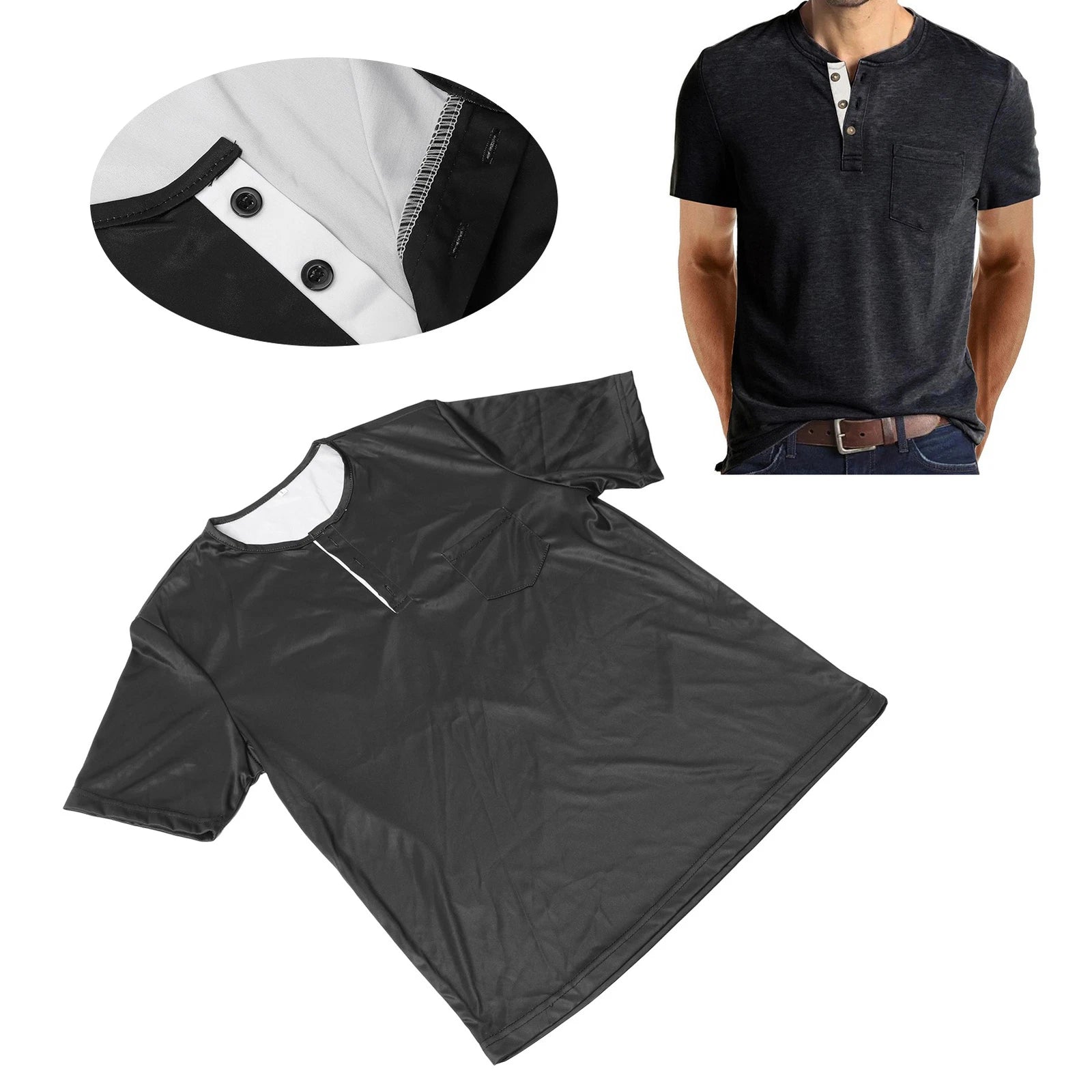 Men Short Sleeve T Shirt Soft Casual Fashionable Button Top With Chest Pocke SG5