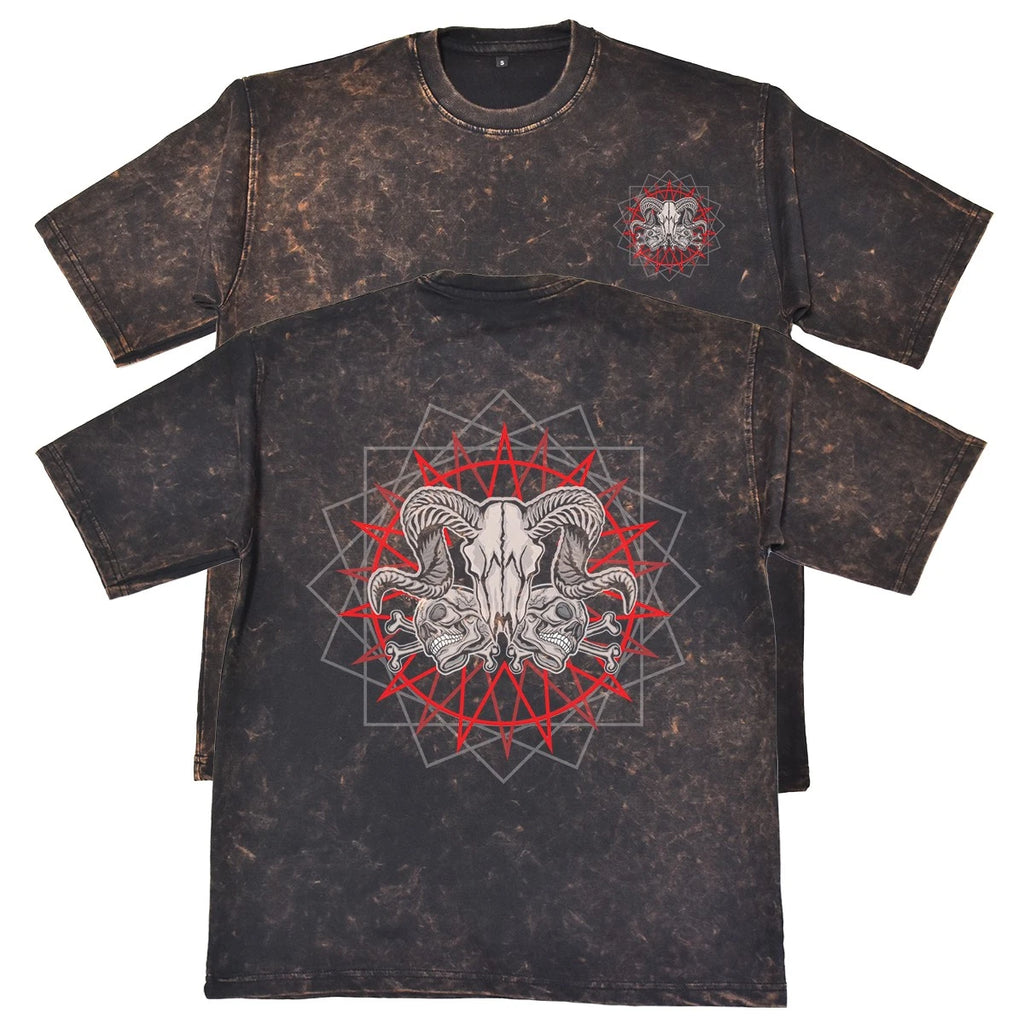Ram Skull Occult Unisex Mens Rust 240gsm French Terry Acid Wash T-Shirt Gothic