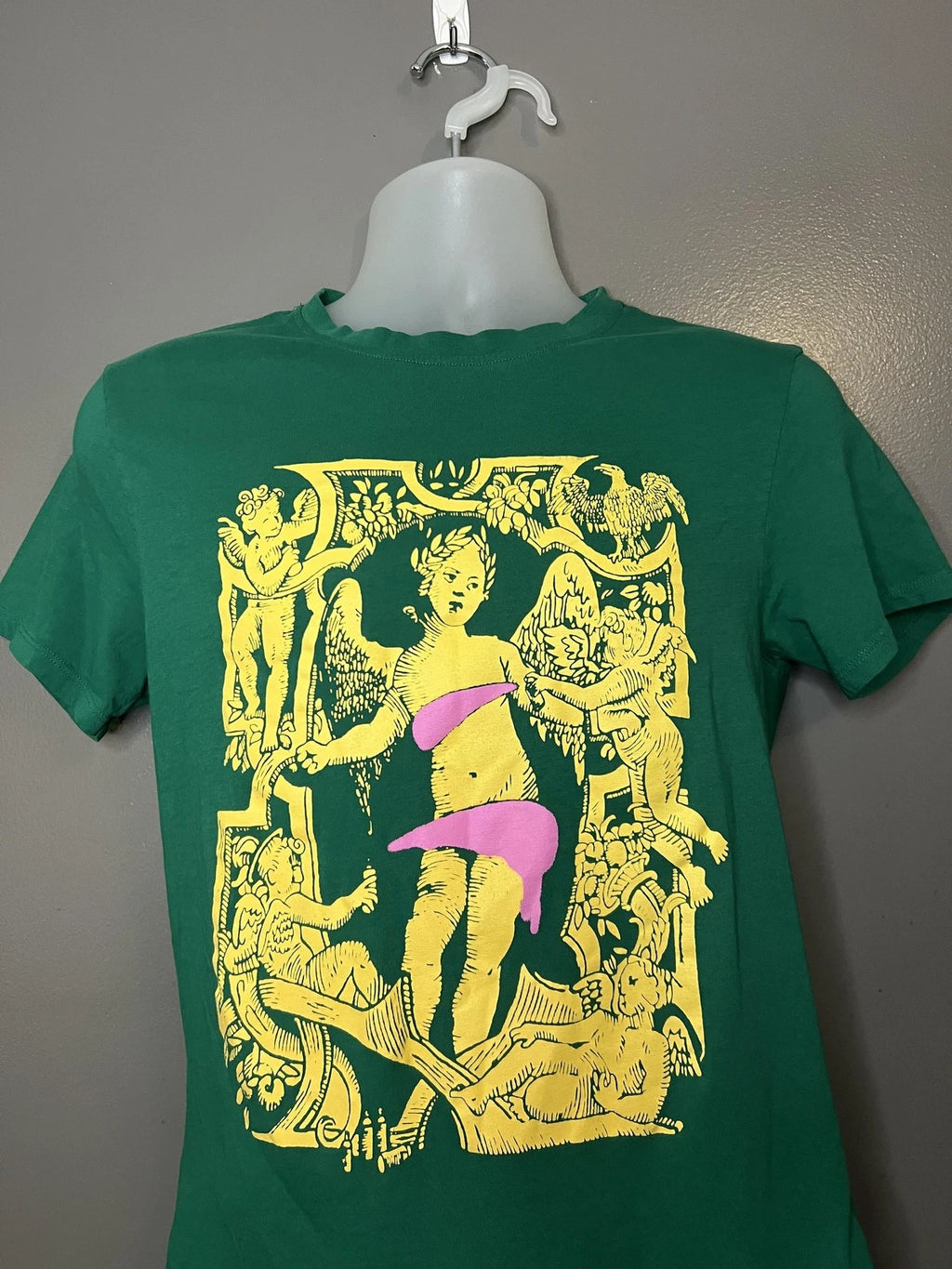 POP MAN Shirt Mens Small Green Angel Cherub Graphic Pop Art Neon Tee Print